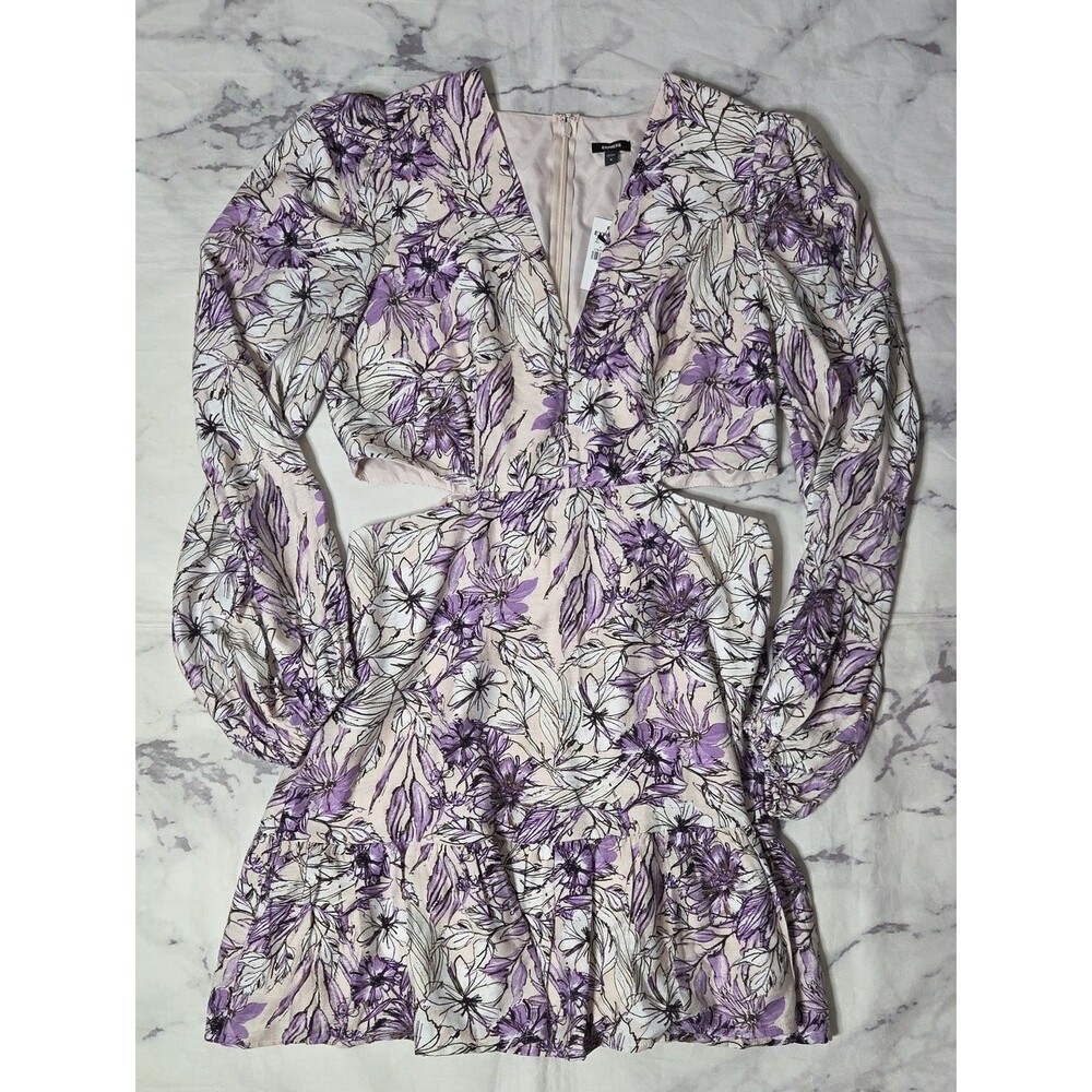 Express Purple Floral Cut Out Long Sleeve Dress
